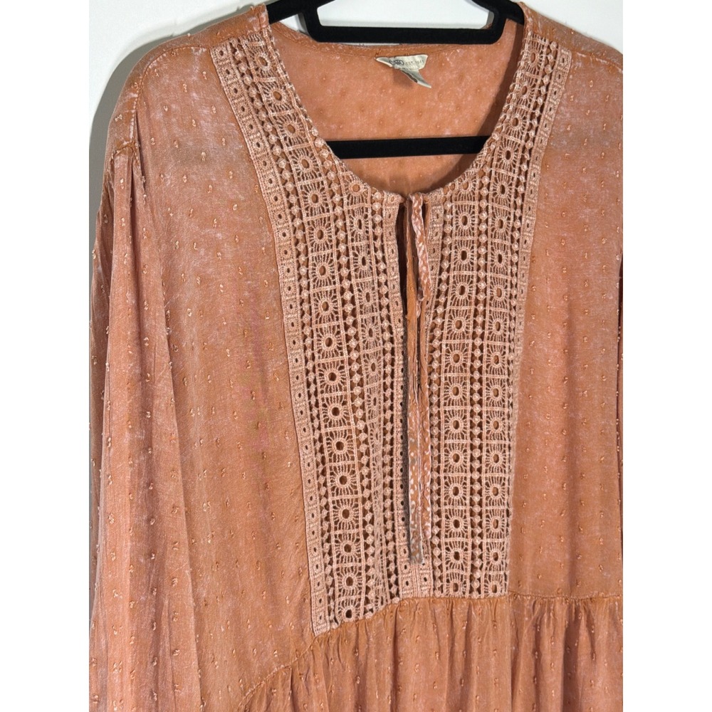 Cato XL Terracotta Boho Crochet Lace Trim Swiss Dot Tiered Ruffle Tunic Top - Picture 3 of 10